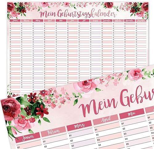 Calendario de cumpleaños con diseño de rosa, DIN A3, calendario permanente anual, calendario de pared para niñas, mujeres y toda la familia, dv619