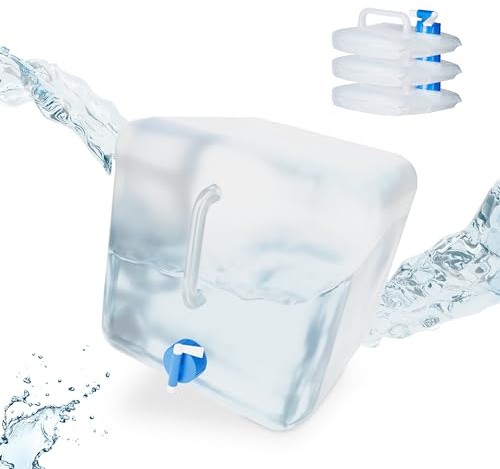 Relaxdays Bidón Plegable, Grifo y Tapón de Rosca, para Acampada, Sin BPA, 4 Unidades, 20 litros, Transparente y Azul, 4 Uds