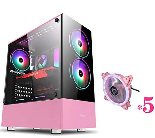 Gaming Case,Mid-Tower PC Gaming Case ATX/M-ATX/ITX - Front I/O USB 3.0 Port - Tempered Glass - Includes White Light Fan - Water-Cooling Ready (Color : Pink, Size : 5 fan)