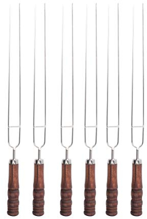 DOITOOL Grillspieße für Gilling Edelstahl Kabob Spieße zum Grillen 6 Stück 2 Zinken Grillspieße Bratstab Outdoor BBQ Werkzeuge mit Holzgriff