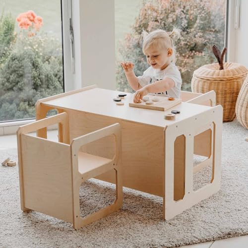 Sweet Home from wood Entwöhnungstisch, Montessori-Tisch, Holztisch, Kinderspieltisch, Weaning Table, 1 Tisch und 2 Stühle (Lackiert)