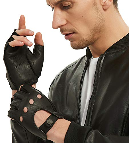 NOVBJECT Herren Fingerlose Lederhandschuhe Hirschleder Halber Finger Ungefüttert Motorrad Outdoor Autohandschuhe