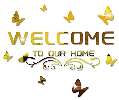 Welcome to Our Home - Adesivi da parete in acrilico a specchio, lettere con farfalla e vite, adesivi da parete rimovibili, decorazione da parete per soggiorno, porta, portico (oro)