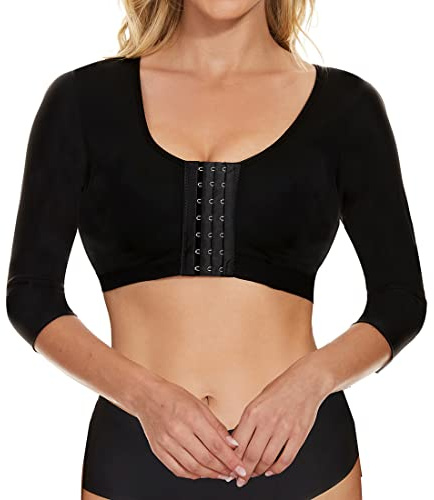 Tops moldeadores de brazos para mujer, mangas de compresión de brazo, postoperatoria, cierre frontal, brasier moldeador, corrector de postura, camiseta sin mangas, Negro -, M