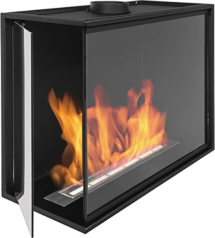 Bio-Eckkamin 600mm mit Vollverglasung. Biokamin Nice-House mit der linken Seite offen. Das Glas bedeckt die gesamte Höhe des Bio Kamin.