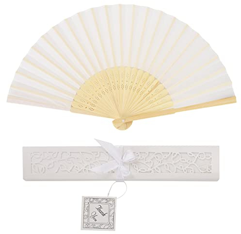 Eventails à Main,Eventail en Soie avec Boîte Cadeau Ventilateurs à Main Pliants Ventilateur Chinois Pliable en Tissu de Soie et Côtes de Bambou pour Décoration Murale (Blanc)