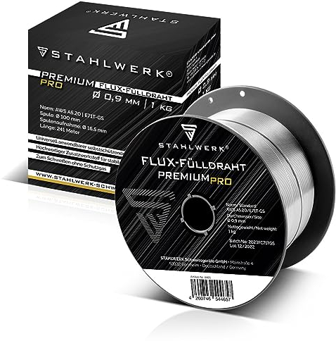 STAHLWERK FLUX Fülldraht Ø 0,9 mm E71T-GS – 1 kg D100-Spule für 16 mm Dorn, universell einsetzbar, selbstschützender Premium Schweißdraht zum Schweißen ohne Gas, geeignet für viele MIG/MAG-Geräte