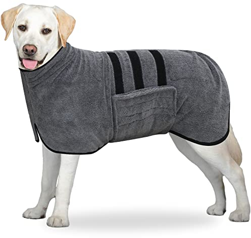 BASVII Hundebademantel aus Mikrofaser, Bademantel Hund Extra SaugfäHig und Schnell Trocknendes mit Klettverschluss und Verstellbarem Schrumpfband, für Große Mittel und Kleine Hunde