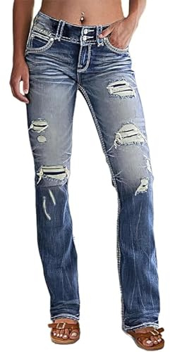 Flamingals Distressed Bootcut Jeans for Women Low Rise Jeans Ripped Flare Jeans Denim Pants Mid Blue M