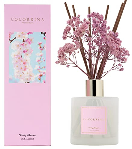 COCORRÍNA Diffusore Profumo Ambiente - 200ml Diffusore profumato di Fiori di Ciliegio con Bastoncini Diffusore di Olio Essenziale di fragranza per la casa per la Decorazione della mensola del Bagno