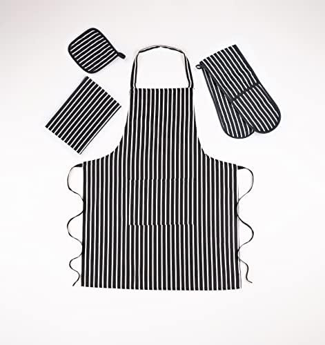 100% Cotton Heat Resistant Stripe Double Oven Glove Mitt for Home Kitchen Restaurant Hot Oven Pots Kitchen Tray Pans,Set of 4-Black