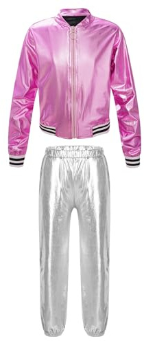 Nyeemya Conjunto de Disfraces de Hip Hop para Niña Niño metálicos brillantes Sudadera Pantalones Joggers Ropa de Baile años 90 Trajes Disfraz rosa y plata 9-10 años