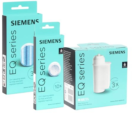 Reinigungs/Pflege-Set passend für Siemens EQ-Kaffeevollautomaten, 1x 3er Pack Wasserfilter TZ70033 + 1x 10 Reinigungstabletten TZ80001 + 1x 3 Entkalkungstabletten TZ80002