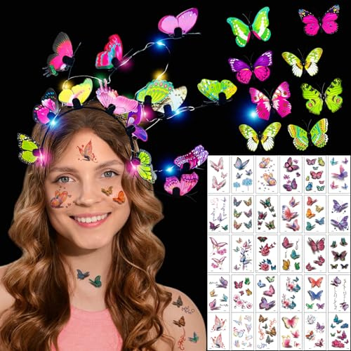 Shinybox Leuchtender Schmetterlings Haarreif mit 8 Schmetterling Haarklammer und 30 Schmetterling Tattoo Aufkleber für Kinderpartys, Kostüme, Bühnenauftritte, Halloween, Cosplay(Mehrfarbig)