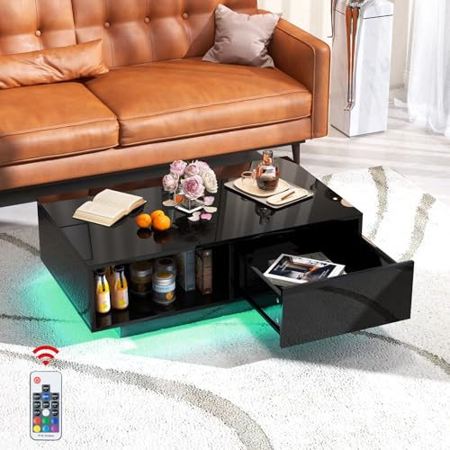 GOPLUS Mesa de Centro con Luces LED, Mesa de Café Rectangular con Luces LED en 20 Colores y Control Remoto, Mesa de Salón Moderna con Cajón y Estante Abierto, 95 x 55 x 31 cm (Negro)