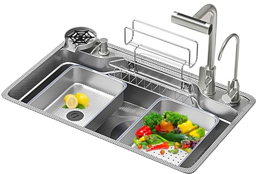 Lavatoio Multifunzione Lavandino cucina Professionale in Acciaio Inox lavatoio ceramica con Rubinetto Girevole a Cascata + Lavatazzine + Cestello Sospeso Removibile + Kit Idraulico Completo (Size : 7