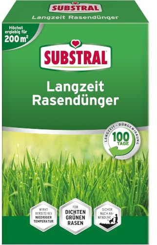Substral Langzeit Rasendünger 4kg 200m² 100 Tage dichter grüner Rasen | Wirkt bis zu 100 Tage | Fördert dichten strapazierfähigen grünen Rasen | Feinkörniges staubfreies Granulat