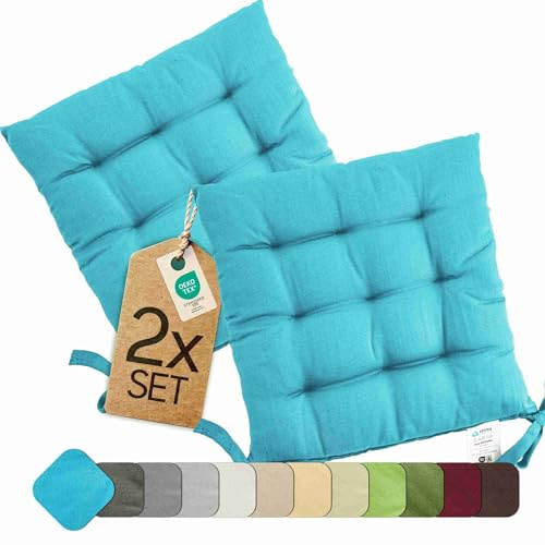 etérea Basic Sitzkissen 40x40 cm 2er Set mit Bändern Indoor Outdoor Türkis | Mit Bändern · Fest gepolstert · Indoor & Outdoor · 30°C waschbar · 55% Baumwolle, 45% Polyester · OEKO-TEX Made in Green