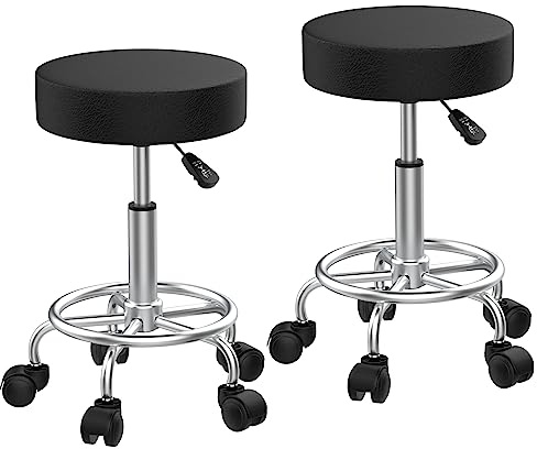 2 barhocker höhenverstellbar mit rollen für Studio HaushaltPraxis, Schwarz | 3-stufiger pneumatischer Hubarm, rollhocker Höhe 49-64 cm, Weiches Kunstledergewebe, Komfortable, verchromte Fußpedale