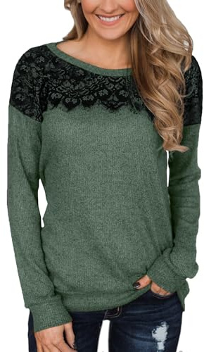 BesserBay Dam, höst, rund hals, långärmad tröja med svarta spetsar, eleganta toppar, S–XXL, Skogsgrön, XL