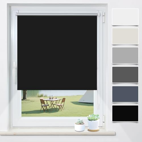 Verdunklungsrollo Klemmfix ohne Bohren Schwarz B115 x H130cm(Stoffbreite 110cm) Rollos für Fenster ohne Bohren Thermo Rollo Verdunkelung Klemmrollo Thermorollo Seitenzugrollo Sonnen- & Hitzeschutz