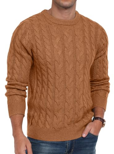 QIXING - Jersey de punto trenzado para hombre, cuello redondo, informal, de manga larga, suéter de punto grueso con borde acanalado, L