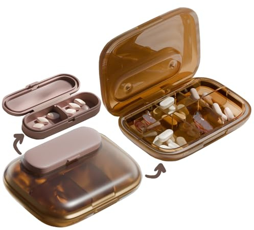 MURRI&MURRDI Kleine Pillendose für Unterwegs, 6 Fächer Kompakte Reise Medikamentenbox, Täglicher Pillen Organizer für Geldbörse, Tragbare Abnehmbar Tablettenbox, Small Pill Box (Kaffee)