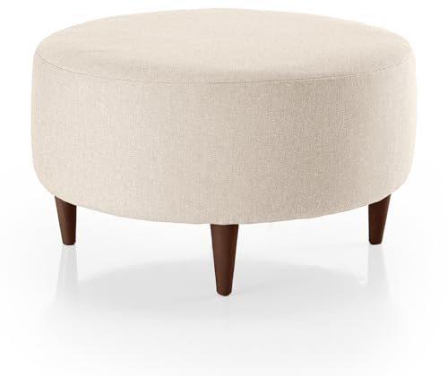 Deshome Fußhocker rund 80 cm Stoff Wasserabweisend: Sitzsack Sofa Wohnzimmer Schlafzimmer Sitzsack Wohnzimmer Gea Weiß Creme Fuß Nussbaum dunkel