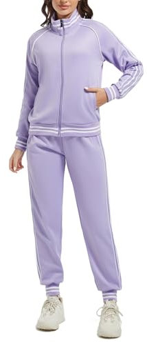 ANOTWENER Dam träningsoverall Set Stripad joggingdräkt Sportoverall Tvådelad fritidsoverall med fickor S-XXL, lila, XL