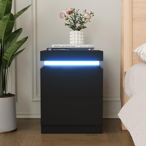 YOURLITE Bedside Table with RGB LED Lights, Modern Bedside Cabinet | Sliding Top, Charging Station, 2 Drawers, Storage Chest of Drawers, Modern Nightstand End Table Bedroom, Living Room - Black