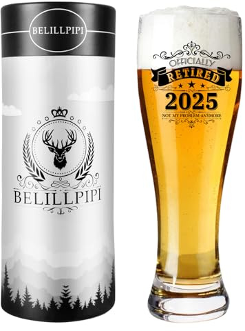 Belillpipi Ruhestand Geschenke für Männer, Bierglas Mit Gravur Rentner Geschenke für Papa Opa, Renteneintritt Geschenk Männer Kollegin Bierkrug 0,5L Personalisierte Geschenk für Retired 2025