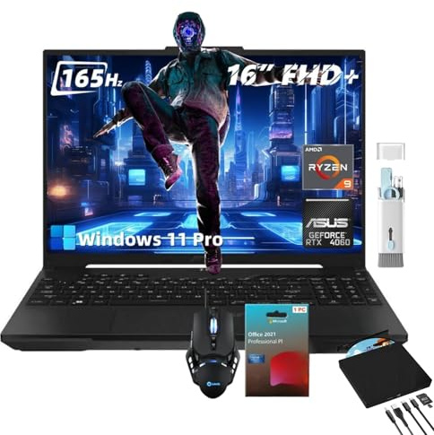 ASUS TUF A16 Gaming Laptop - 16 FHD+ 165Hz Display, AMD Ryzen 9 7940HX, NVIDIA GeForce RTX 4060, 32GB DDR5, 1TB PCIe SSD, Windows 11 Pro, Office Lifetime License, Accessories