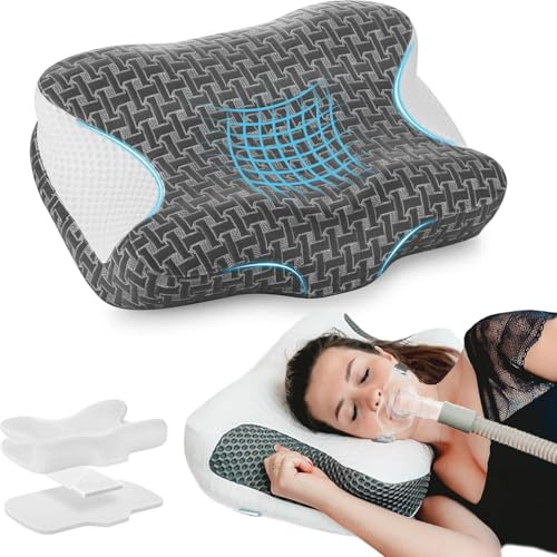 Elviros Cervical Neck Pillow for Sleeping, Ergonomic Adjustable Height & Firmness, Neck Support Memory Foam Bed Pillow with Sleep Apnea, Compatible with Masks, Ideal for Side & Back Sleepers