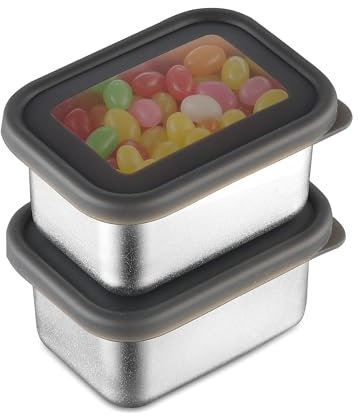 Misichao Snack Containers 280 ml x 2, Small Stainless Steel Lunch Bento Snack Box, Reusable Metal Meal Prep Containers with Silicone Lids for Kids Adults Black