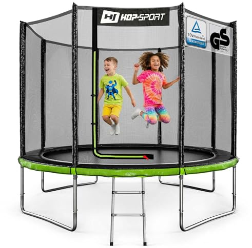 Hop-Sport Trampolin Outdoor - Ø 244/305/366/427/488 cm - Trampolin mit außenliegenden Sicherheitsnetz, Stabiler Rahmenkonstruktion & Sicherheitszertifikaten - Komplettset mit Leiter (305 cm)