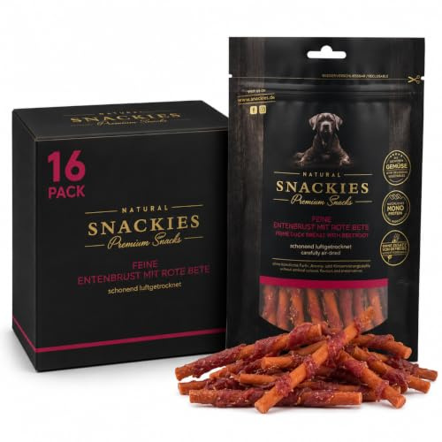 SNACKIES 16er-Pack (à 80g) Hundeleckerli Entenbrust mit roter Beete Premium Snacks für Hunde ohne Zusatz von Getreide, Zucker, Farb-, Aroma- und Konservierungsstoffe, luftgetrocknete Leckerli