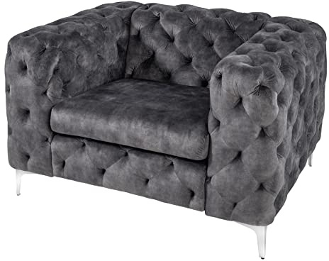 Riess Ambiente Chesterfield Sessel MODERN BAROCK - 120cm - dunkelgrau Silber - Samt Metall - Armlehnsessel Federkern Ziersteppung rechteckig