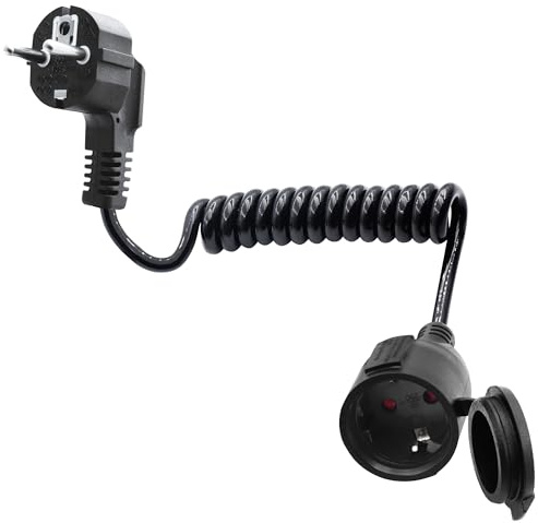 LANMINGLEL Einziehbare Spiralkabel Schuko Verlängerungskabel 90 Grad,Kurz AC Schuko Verlängerungskabel,Netzkabel Steckdosenverlängerung Schwarz, 3x1,0 mm² 5A 230V IP44 (90 Grad Schwarz, 1)