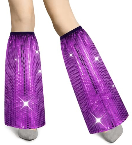Hestya 1 Paar Glitzer Beinstulpen für Frauen Karneval Disco Accessoires Damen 70er Jahre Kostüm Retro Pailletten Stulpen Glitzer Beinwärmer für Halloween Mottoparty Fasching Party Outfit(Lila)