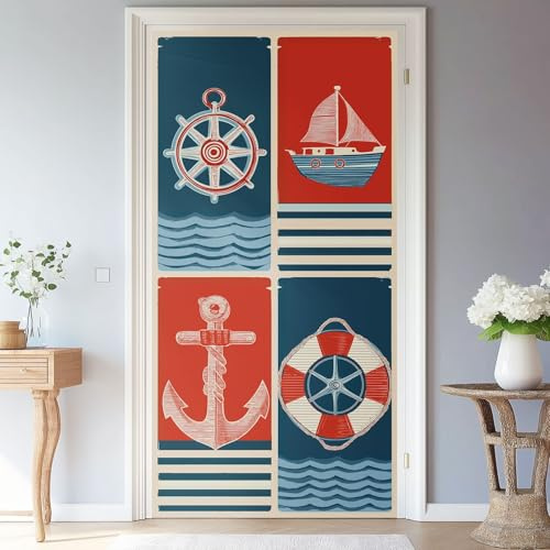 Türaufkleber Cartoon-Streifen Rettungsring Segelboot Türfolie Selbstklebende Fototapete, 80 x 210 cm Türposter Abnehmbar Türfolie PVC für Tür Schlafzimmer Küche Badezimmer Türaufkleber, Rot Marineblau