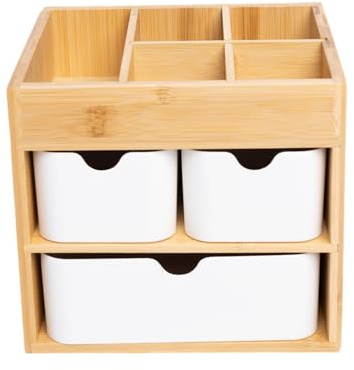 Ninebendstreams Bambus-Make-up-Organizer mit 3 Schubladen, Kommode, Kosmetik-Organizer, Bambus-Schreibtisch-Organizer für Zuhause mit verstellbaren Trennwänden
