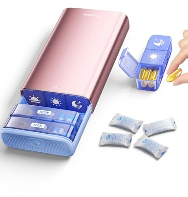 Vaydeer Tablettenbox 7 Tage 3x täglich, Roségold | 21 Fächer, mit Trockenmittelfach, feuchtigkeitsgeschützte Aufbewahrung, BPA-frei