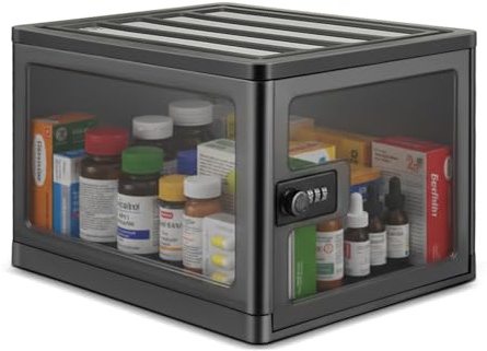 Yocdunm Lockable Medicine Storage Box with Code, 13 L Large Locking Medicine Box for Medication, Snacks, Phone, and Electronics - Organizer Bin for Home, Fridge, and Safety (Black)
