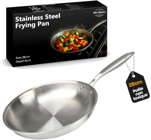 MISL HOME - Pfanne 28 cm - Stainless Steel Pan – Edelstahlpfanne unbeschichtet - Edelstahlpfanne 28 cm - für Gas, Elektro & Ceran geeignet –ideale Bratpfanne für Fleisch,Gemüse & vielseitiges Kochen