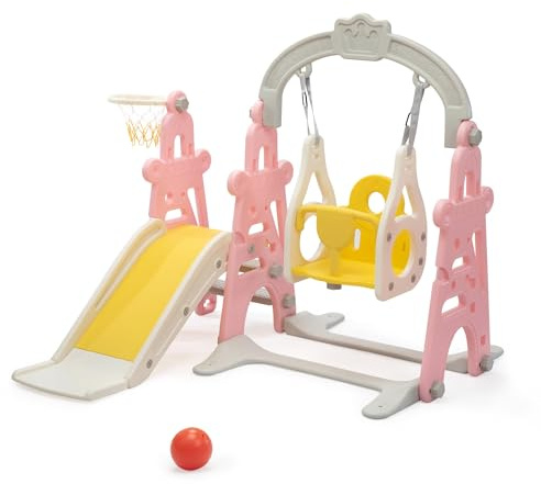 Pink Dream Toddler Slide for 1-3 Years Old Girls, Baby Climber Playset with Basketball Hoop, Large Medium Small Size Indoor Outdoor Slide for Toddlers (Pink Tower Swing)