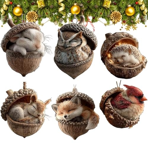 Waldtiere Eichels Ornaments,6PCS Acryl Tiere Aus Tannenzapfen Weihnachtsbaumschmuck Deko,3D Natur Forests Animal Acorn Ornaments, Lustig für Wohnzimmer（10cm）