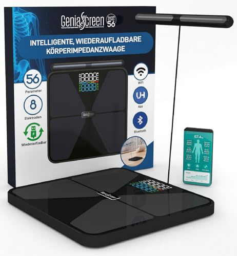 Balance Pese Personne Impedancemetre Connectée WiFi Bluetooth Rechargeable | GeniaScreen SmartCore en Verre Trempé Max 180Kg 8 Électrodes 56 Données Corporelles Masse Musculaire Graisse IMC