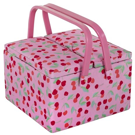 Hobby Gift Exclusive Large Sewing Box Organiser with Twin Lid - Sewing Storage Box, Craft Storage Boxes with Compartments, Accessories Tray, Pin Cushion and Pockets - 25 x 25 x 17cm, Cherry