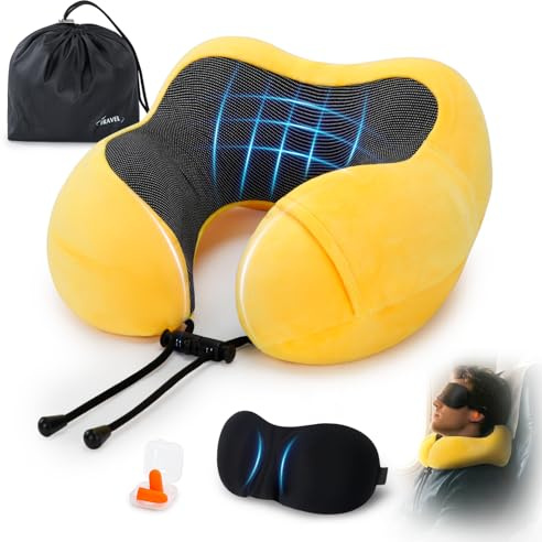 GNEGNI LIFE Reisekissen aus Memory Foam für Flugzeug & Auto, Verstellbares Nackenkissen für Erwachsene, Kompaktes Flugkissen, Nacken- und Kopfstütze mit Ohrstöpseln, Schlafmaske, Tragetasche (Gelb)
