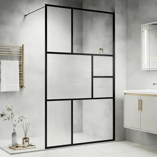 SUNXURY Walk-in Box doccia 120 x 200 cm con vetro protettivo strutturato da 8 mm, Walk in parete con asta di stabilizzazione in acciaio inox, facile da pulire e stabile, telaio nero opaco